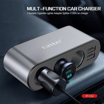 Розгалужувач прикурювача Earldom ET-CS2 (3порта + 2USB) 5V/3.1A/120W (Чорний)
