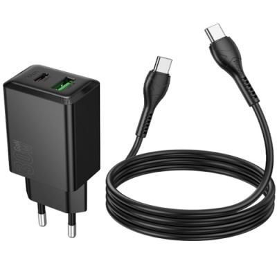 мережевий зарядний пристрій hoco n71 1usb/18w/qc3.0 + 1type-c/30w/pd + (type-c - type-c) (чорний) 