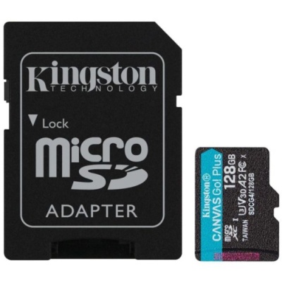 карта пам'яті microsdxc (uhs-1 u3) kingston canvas go! plus 128gb class 10 a2 v30 (r200mb/s) (adapter sd) 