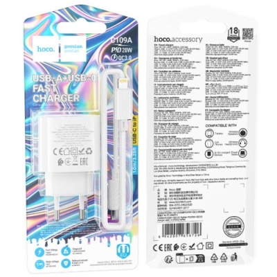 мережевий зарядний пристрій hoco c109a new 1usb/18w/qc3.0 + 1type-c/20w/pd + (type-c - lighting) (білий) 