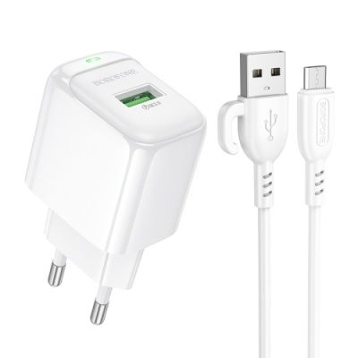 мережевий зарядний пристрій borofone bas42a 1usb/18w/qc3.0 + (usb - microusb) (білий) 