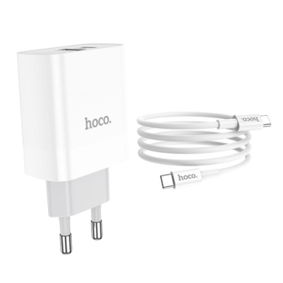 мережевий зарядний пристрій hoco c80a 1usb/18w/qc3.0 + 1type-c/20w/pd + (type-c - type-c) (білий) 