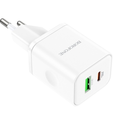 мережевий зарядний пристрій borofone bn7 1usb/18w/qc3.0 + 1type-c/20w/pd (бiлий) 