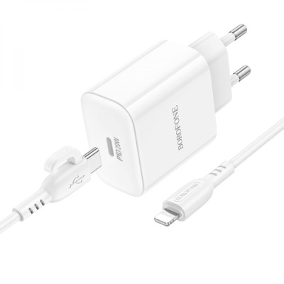 мережевий зарядний пристрій borofone ba81a power 1type-c/20w/pd + (type-c - lightning) (білий) 