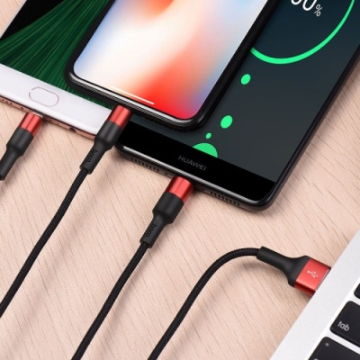 кабель hoco x26 xpress 3in1 usb - (lightning+microusb+type-c) 2.0a/1m (чорно-червоний) 