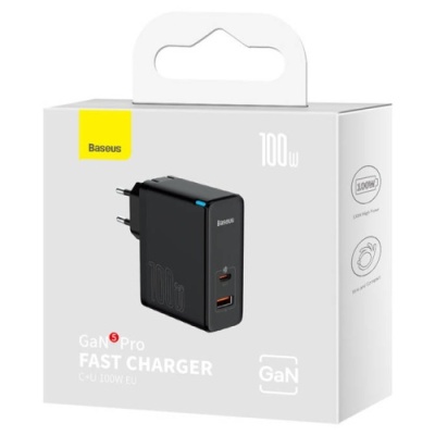 мережевий зарядний пристрій baseus gan5 pro fast charger (ccgp090201) 1usb/30w/qc4.0 + 1type-c/65w/pd3.0 + (type-c - type-c)5a (чорний) 