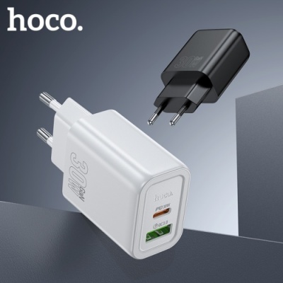 мережевий зарядний пристрій hoco n63 1usb/18w/qc3.0 + 1type-c/30w/pd + (type-c - lightning) (чорний) 