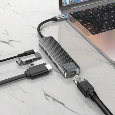 usb hub hoco hb23 type-c to (hdmi+usb3.0+usb2.0+rj45+pd) (сiрий) 
