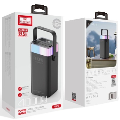 додаткова батарея power bank earldom et-pd38 40000 mah vs led lamp pd20w+qc3.0 22.5w (чорний) 