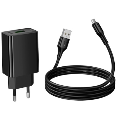 мережевий зарядний пристрій hoco cs92a 1usb/18w/qc3.0 + (usb - microusb) (чорний) 