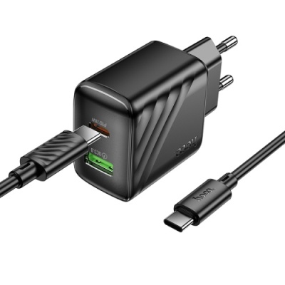 мережевий зарядний пристрій hoco cs25a 1usb/18w/qc3.0 + 1type-c/20w/pd + (type-c - type-c) (чорний) 