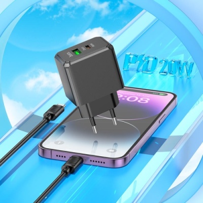 мережевий зарядний пристрій hoco cs14a 1usb/18w/qc3.0 + 1type-c/20w/pd + (type-c - lightning) (чорний) 