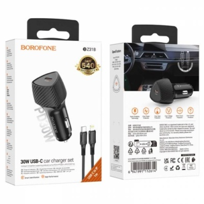 Автомобільний Зарядний Пристрій Borofone BZ31B 1Type-C/30W/PD + (Type-C - Lightning) (Чорний)