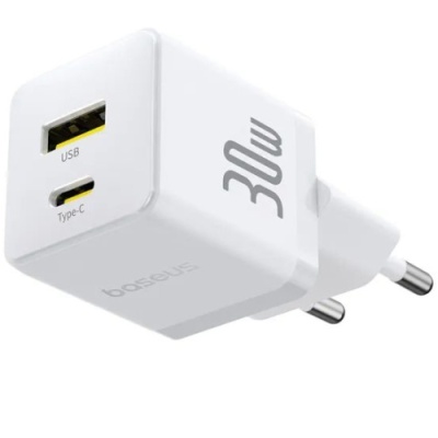 мережевий зарядний пристрій baseus palm fast charger (p1011160a213-00) 1usb/qc3.0 + 1type-c/pd 30w (білий) 