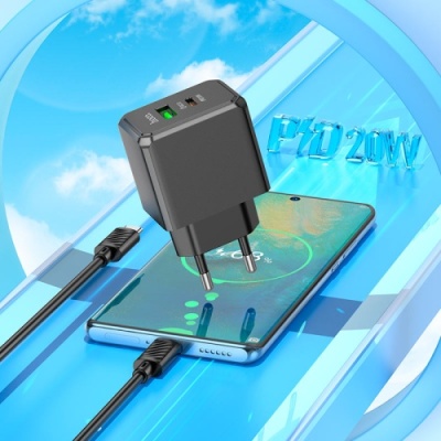мережевий зарядний пристрій hoco cs14a 1usb/18w/qc3.0 + 1type-c/20w/pd + (type-c - type-c) (чорний) 