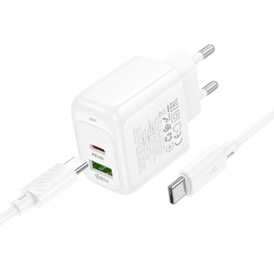 мережевий зарядний пристрій hoco cs54a 1usb/18w/qc3.0 + 1type-c/20w/pd + (type-c - type-c) (білий) 