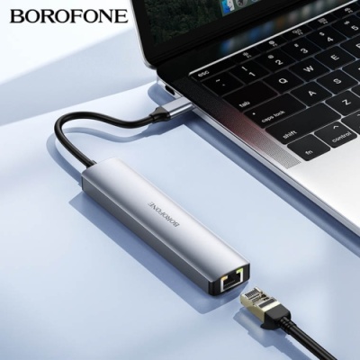 usb hub borofone dh16 6-в-1 type-c to hdmi+pd+usb3.0+usb2.0*2+rj45(l=0.15m) (сірий) 
