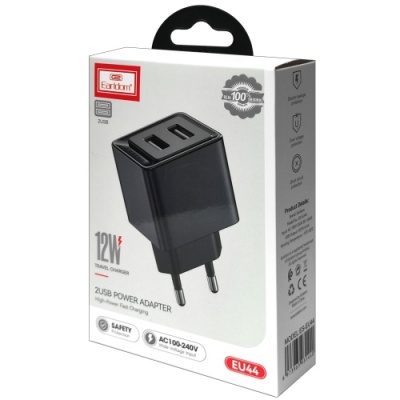 мережевий зарядний пристрій earldom es-eu44m 2usb/2.4a/12w + (usb - micro) (чорний) 