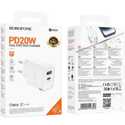 мережевий зарядний пристрій borofone ba83a 1usb/18w/qc3.0 + 1type-c/20w/pd (білий) 