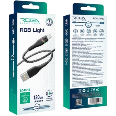 кабель ridea rc-rl15 rgb light usb - microusb 3a 1.2m (чорний) 