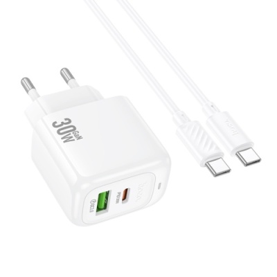 мережевий зарядний пристрій hoco cs55a 1usb/18w/qc3.0 + 1type-c/30w/pd + (type-c - type-c) (білий) 