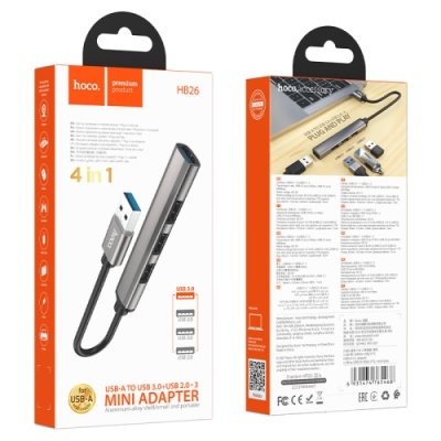 usb hub hoco hb26 4-in-1 adapter (usb to usb3.0+usb2.0*3) (сiрий) 