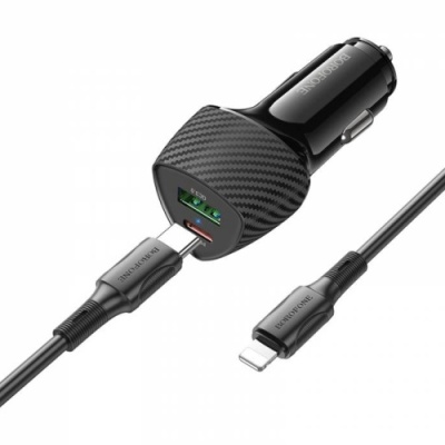 Автомобільний Зарядний Пристрій Borofone BZ31C 1Type-C/30W/PD + 1USB/18W/QC3.0 + (Type-C - Lightning) (Чорний)