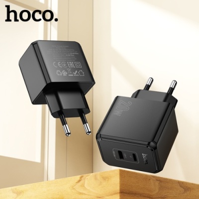 мережевий зарядний пристрій hoco cs16a 1lightning + 1type-c/20w/pd + (type-c - lightning) (чорний) 