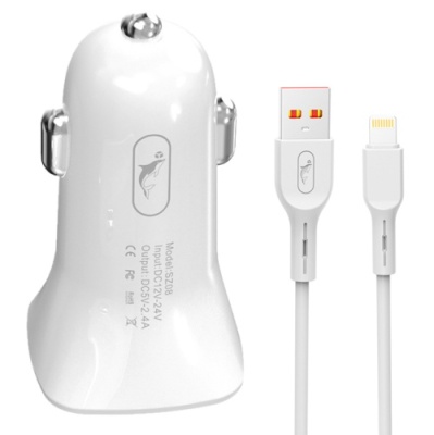 Автомобільний Зарядний Пристрій SkyDolphin SZ08L 2USB/2.4A + (USB - Lightning) (Білий)