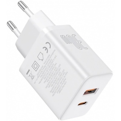 мережевий зарядний пристрій baseus cube fast charger (p10111404213-00) 1usb/18w/qc3.0 + 1type-c/30w/pd (білий) 