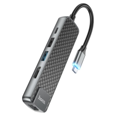 usb hub hoco hb23 type-c to (hdmi+usb3.0+usb2.0+rj45+pd) (сiрий) 
