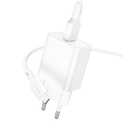 мережевий зарядний пристрій borofone ba72a spring 1usb/18w/qc3.0 + (usb - microusb) (білий) 
