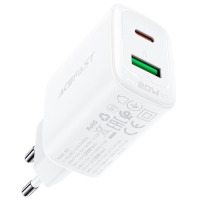 мережевий зарядний пристрій acefast a25 pd20w (1type-c/usb/3a) (білий) 