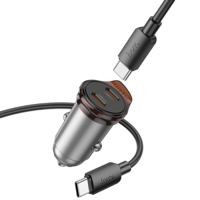 Автомобільний Зарядний Пристрій Hoco NZ16B PD45W (2Type-C) + (Type-C - Type-C) (сірий)