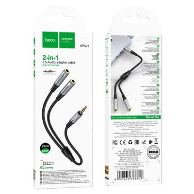 кабель aux hoco splitter upa21 2-in-1 3.5 male to 2 female 0.25m (сiрий) 