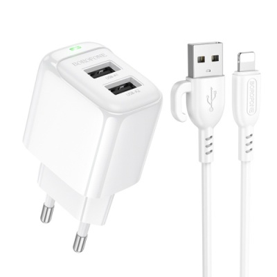 мережевий зарядний пристрій borofone bas41a 2usb/12w/2.4a + (usb - lightning) (білий) 
