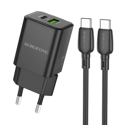 мережевий зарядний пристрій borofone bn14 1usb/30w/qc3.0 + 1type-c/30w/pd + (type-c - type-c) (чорний) 