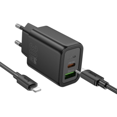 мережевий зарядний пристрій hoco n63 1usb/18w/qc3.0 + 1type-c/30w/pd + (type-c - lightning) (чорний) 