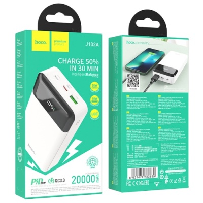 додаткова батарея power bank hoco j102a cool pd20w + qc3.0 20000 mah (білий) 