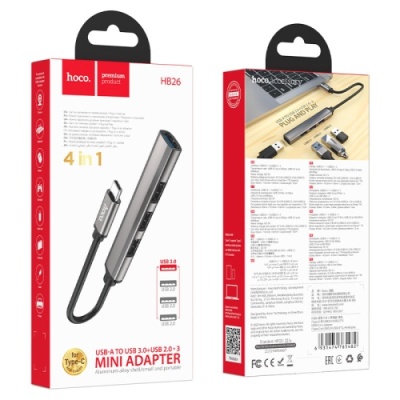 usb hub hoco hb26 4-in-1 adapter (type-c to usb3.0+usb2.0*3) (сiрий) 