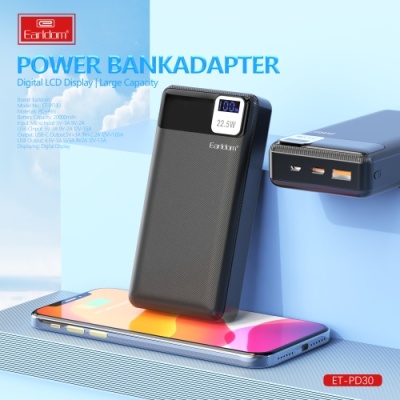 додаткова батарея power bank earldom et-pd30 20000 mah pd20w+qc3.0 22.5w (чорний) 