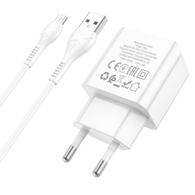 мережевий зарядний пристрій hoco c98a 1usb/18w/qc3.0 + (usb - microusb) (білий) 