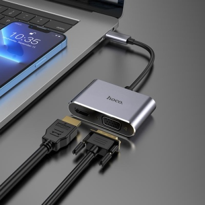 usb hub hoco hb29 type-c easy-lead type-c multifunction converter(hdtv+vga) metal grey 