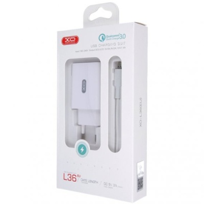 мережевий зарядний пристрій xo l36 1usb/18w/qc3.0 + (usb - microusb) (бiлий) 
