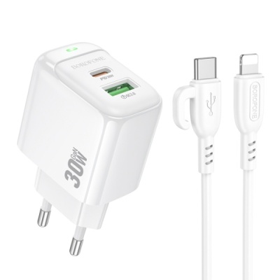 мережевий зарядний пристрій borofone bas45a 1usb/18w/qc3.0 + 1type-c/30w/pd + (type-c - lightning) (білий) 