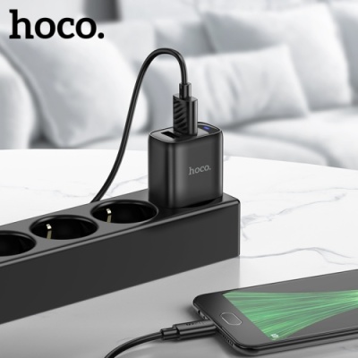 мережевий зарядний пристрій hoco c141a smart dual-port charger set 2usb/2.1a + (usb - microusb) (чорний) 