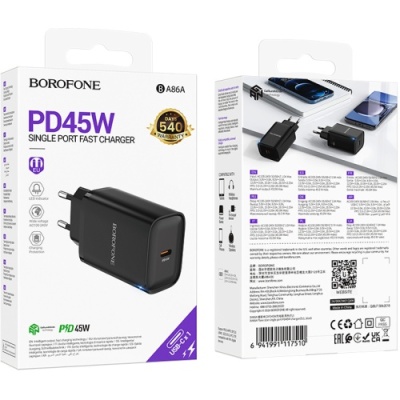 мережевий зарядний пристрій borofone ba86a 1usb-c pd/qc 45w (чорний) 