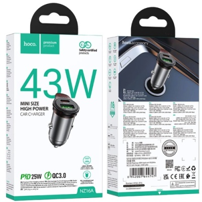 Автомобільний Зарядний Пристрій Hoco NZ16A PD25W+QC3.0 (1USB/1Type-C) (сірий)