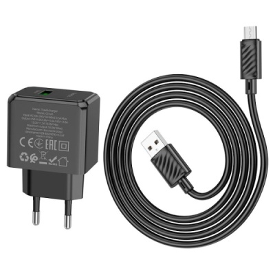 мережевий зарядний пристрій hoco cs12a 1usb/18w/qc3.0 + (usb - microusb) (чорний) 