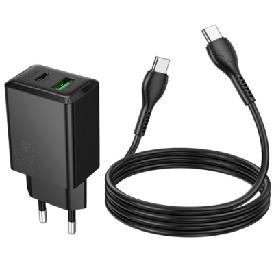 мережевий зарядний пристрій hoco n69 1usb/18w/qc3.0 + 1type-c/20w/pd + (type-c - type-c) (чорний) 